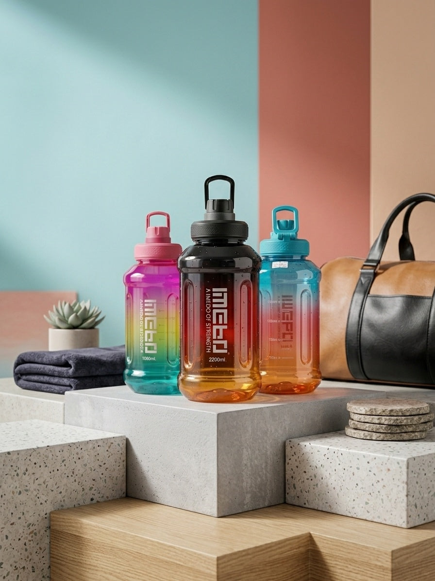 Three-piece sports water bottle set with teal, pink, and red ombre colors